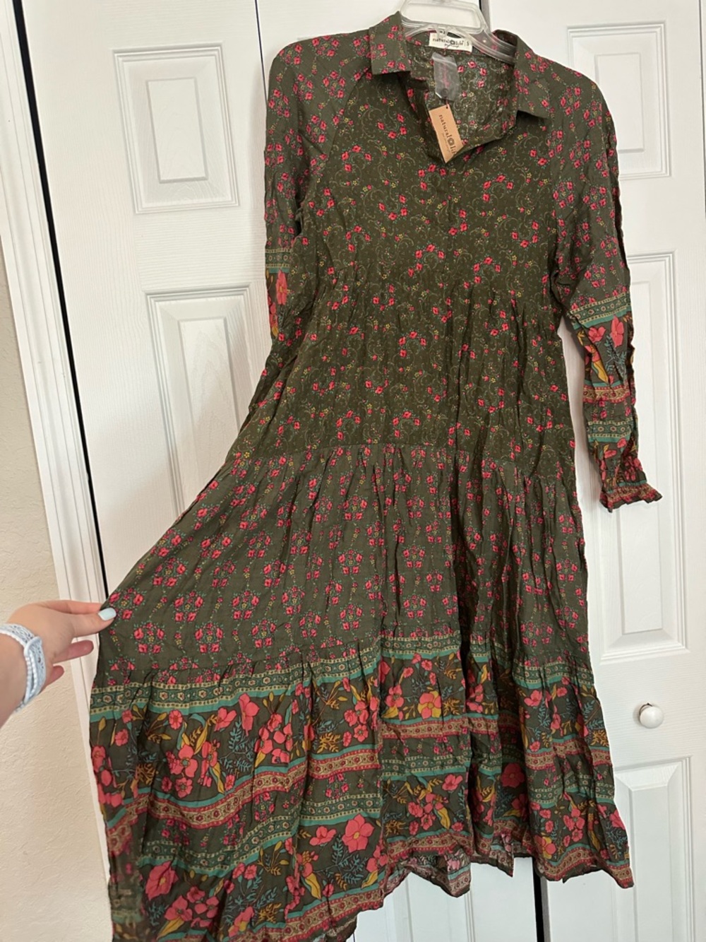 NATURAL LIFE Olive Midi Dress with Pink Floral and Multicolor Border - Picture 3 of 8